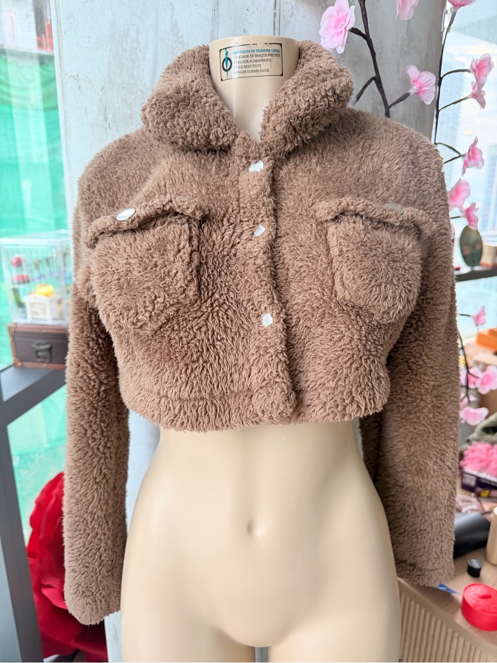 Soft Fluffy Cropped Teddy Jacket in Brown Size XS